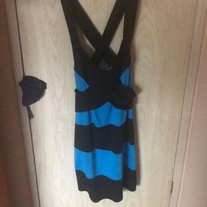 A black and blue mini dress